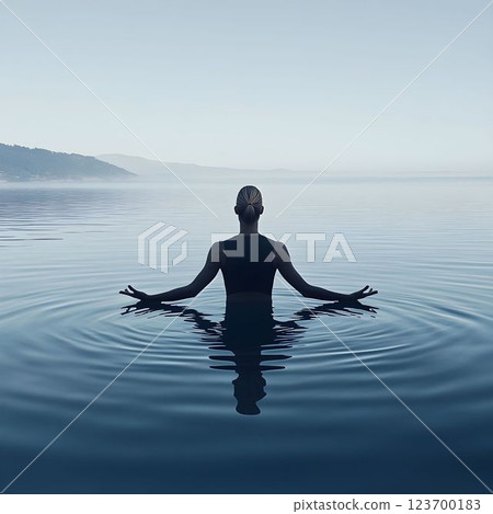 Woman standing waist-deep in calm water, arms extended outward, embodying tranquility and connection with natural surroundings, expressing inner peace 123700183