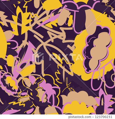 Hand drawn summer floral background. Botanical seamless pattern made of abstract flowers. Sketch drawing. Vintage style. Good for bedding, textile Hand drawn summer floral background. Botanical seamless pattern made of abstract flowers. Sketch drawing. Vintage style. Good for bedding, textile 123700231