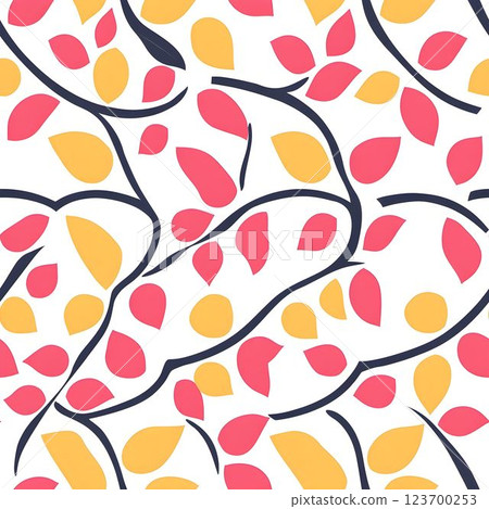 Vibrant botanical pattern displaying stylized leaves and branches in pink, yellow, and blue hues, generating playful visual rhythm on soft background 123700253
