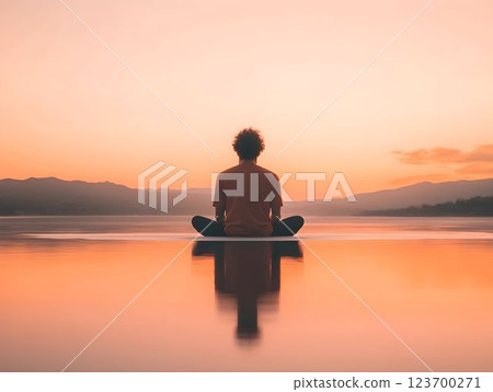 Silhouetted man meditating on tranquil lake surface, sunset casting warm hues across peaceful water, embodying mindfulness and serene contemplation 123700271
