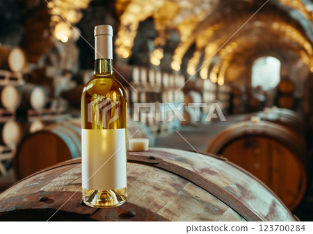 Bottle of light luxury old white wine on top of barrel in old castle winery.AI Generative. 123700284