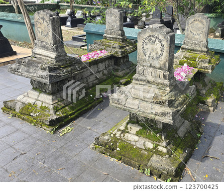 Ancient ancestors javanese king and queen burial in remote jawa, Indonesia, traditional moss-covered stone graves decorated with pink flower petals 123700425
