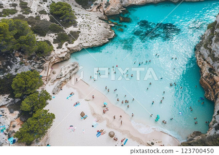 Beautiful blue lagoon beach inside of island with many tourists during summer.AI Generative. 123700450