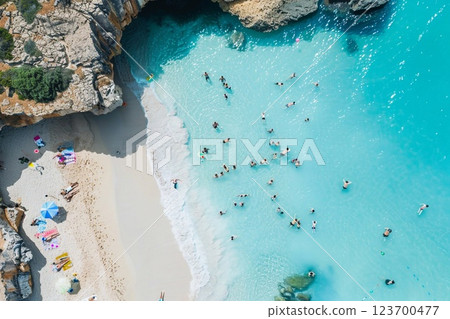 Beautiful blue lagoon beach inside of island with many tourists during summer.AI Generative. Beautiful blue lagoon beach inside of island with many tourists during summer.AI Generative. 123700477