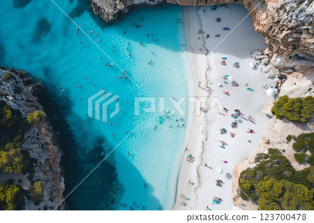 Beautiful blue lagoon beach inside of island with many tourists during summer.AI Generative. Beautiful blue lagoon beach inside of island with many tourists during summer.AI Generative. 123700478
