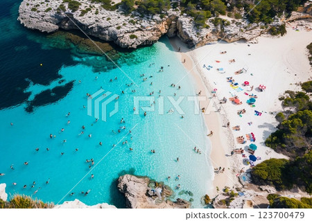 Beautiful blue lagoon beach inside of island with many tourists during summer.AI Generative. 123700479