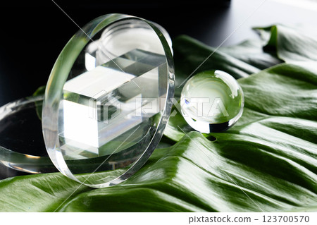 Cosmetic glass containers arranged artistically on tropical green leaves for spa treatment. 123700570