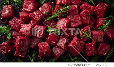 Cubed pieces of raw low fat goulash beef pieces on table wit herbs and spices.Macro.AI Generative. 123700708