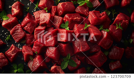 Cubed pieces of raw low fat goulash beef pieces on table wit herbs and spices.Macro.AI Generative. 123700709