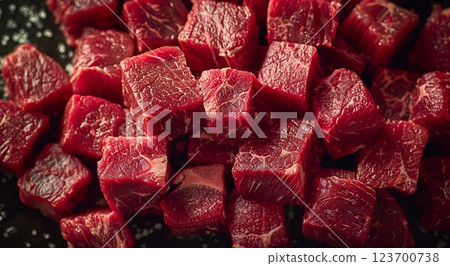Cubed pieces of raw low fat goulash beef pieces on table wit herbs and spices.Macro.AI Generative. 123700738