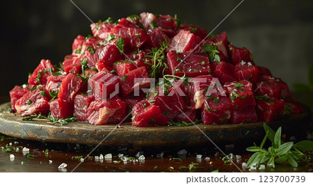 Cubed pieces of raw low fat goulash beef pieces on table wit herbs and spices.Macro.AI Generative. 123700739