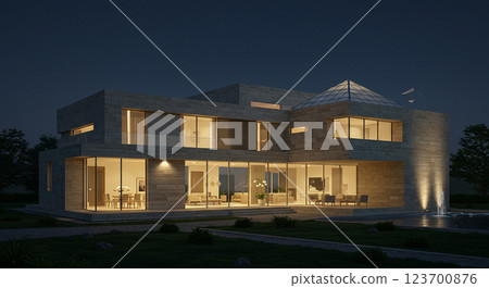 Illuminated modern luxury mansion at night Illuminated modern luxury mansion at night 123700876