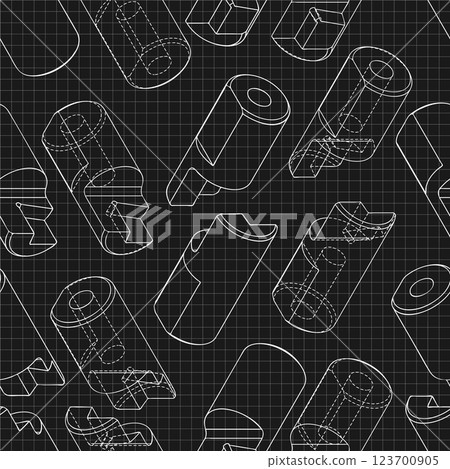 Mechanical engineering drawings on black background. Cutter, assembly tool with replaceable multi-faceted plate. Technical Design. Cover. Blueprint. Vector illustration. Seamless pattern. Mechanical engineering drawings on black background. Cutter, assembly tool with replaceable multi-faceted plate. Technical Design. Cover. Blueprint. Vector illustration. Seamless pattern. 123700905