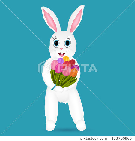 Cute Easter Bunny Holding Colorful Tulips on Blue Background 123700966