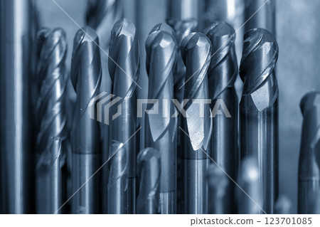Close-up scene the group of used cutter end mill tool scene. Close-up scene the group of used cutter end mill tool scene. 123701085