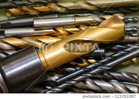 Close-up scene special coating drill tools in the tool box. Close-up scene special coating drill tools in the tool box. 123701087