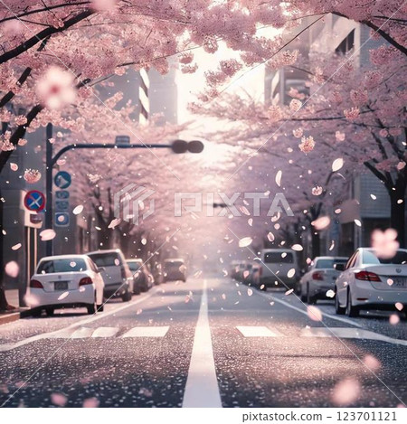 一輛汽車穿過一排櫻花樹 一輛汽車穿過一排櫻花樹 123701121
