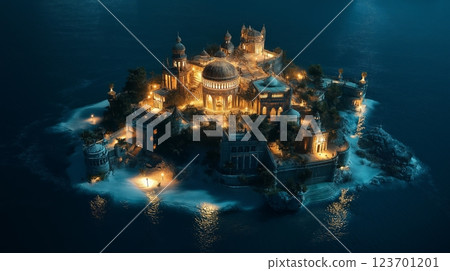 Mysterious illuminated castle reflects in waters near a rocky shore at dusk in a serene landscape 123701201