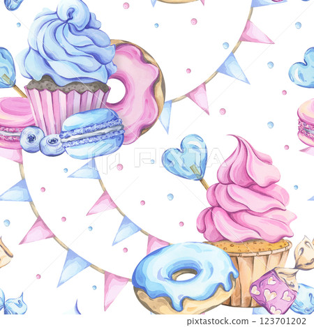 Sweet treats watercolor pattern with cupcakes and donuts in pink and blue tones 123701202