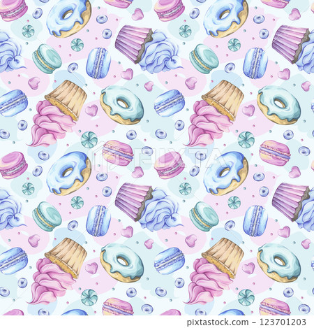Watercolor sweets seamless pattern on a colored background 123701203