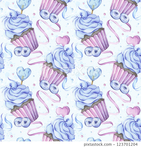 Seamless watercolor pattern with cupcakes and blueberries in blue tones 123701204