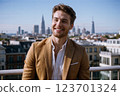 happy man in jacket over city background 123701324