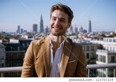happy man in jacket over city background 123701324