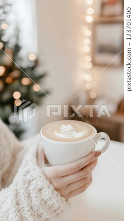 Easter-themed coffee latte art with bunny shape on frothy milk, cozy background Easter-themed coffee latte art with bunny shape on frothy milk, cozy background 123701400