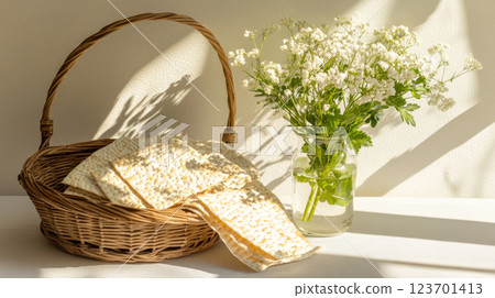 Passover matzah in wicker basket with flowers on table by window 123701413