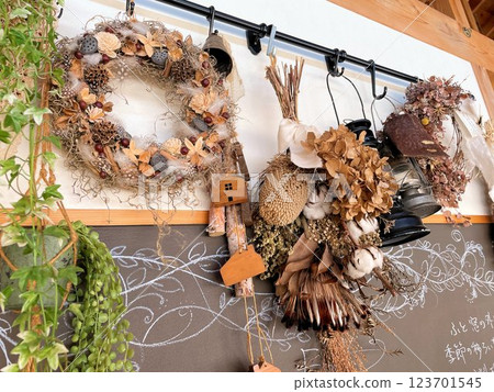 A corner selling handmade goods and accessories in a stylish cafe 123701545