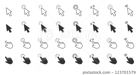 Mouse Cursor And Click Action Line And Solid Icon Set. Interactive Selection And Digital Navigation Symbol Collection. Isolated Vector Illustration 123701579