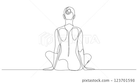 Naked woman sitting continuous one line drawing, rear view. Woman in mediation minimalist trendy line art. Contour vector illustration. Naked woman sitting continuous one line drawing, rear view. Woman in mediation minimalist trendy line art. Contour vector illustration. 123701598
