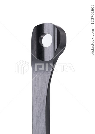 Close up, front site of a graphite bicycle Road Chain catcher isolated on white background floating above the ground. 123701603