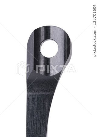 Close up, front site of a graphite bicycle Road Chain catcher isolated on white background floating above the ground. 123701604