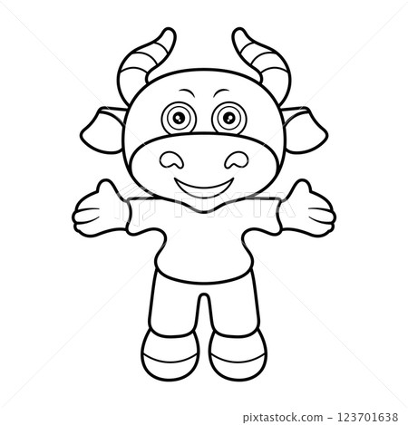 Cute Cartoon Bull Mascot Outline Vector Illustration. Bull standing with its arms open wide, as if welcoming or offering a big hug. The bull has a cheerful expression with large, round eyes. Cute Cartoon Bull Mascot Outline Vector Illustration. Bull standing with its arms open wide, as if welcoming or offering a big hug. The bull has a cheerful expression with large, round eyes. 123701638