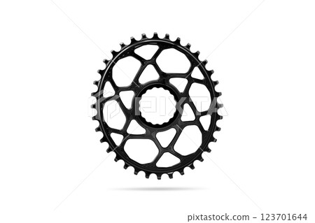 Black oval bicycle chainring against white isolated background, floating above the surface. Professional bicycle part. Black oval bicycle chainring against white isolated background, floating above the surface. Professional bicycle part. 123701644