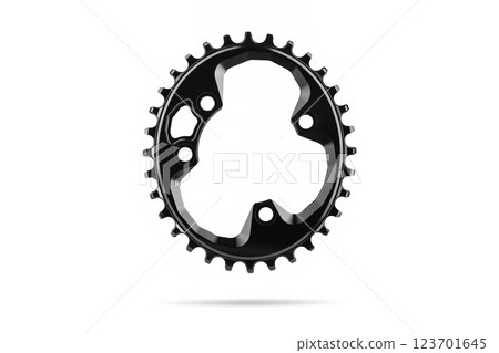 Black oval bicycle chainring against white isolated background, floating above the surface. Professional bicycle part. Black oval bicycle chainring against white isolated background, floating above the surface. Professional bicycle part. 123701645