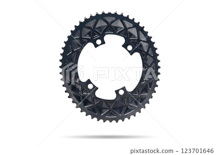 Black oval bicycle chainring against white isolated background, floating above the surface. Professional bicycle part. Black oval bicycle chainring against white isolated background, floating above the surface. Professional bicycle part. 123701646