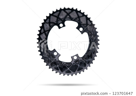 Black oval bicycle chainring against white isolated background, floating above the surface. Professional bicycle part. Black oval bicycle chainring against white isolated background, floating above the surface. Professional bicycle part. 123701647
