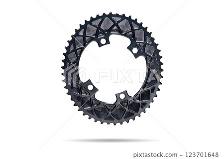 Black oval bicycle chainring against white isolated background, floating above the surface. Professional bicycle part. Black oval bicycle chainring against white isolated background, floating above the surface. Professional bicycle part. 123701648