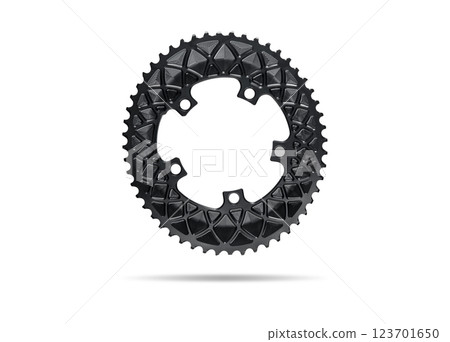 Black oval bicycle chainring against white isolated background, floating above the surface. Professional bicycle part. Black oval bicycle chainring against white isolated background, floating above the surface. Professional bicycle part. 123701650