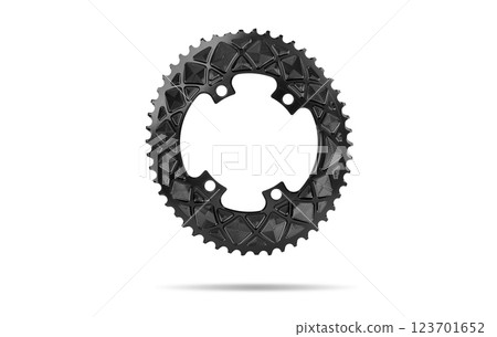 Black oval bicycle chainring against white isolated background, floating above the surface. Professional bicycle part. 123701652