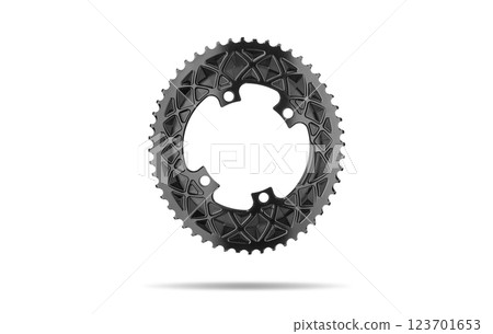 Black oval bicycle chainring against white isolated background, floating above the surface. Professional bicycle part. 123701653