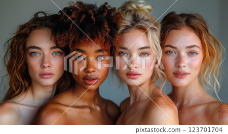 Portrait of young beautiful multiracial women in studio with various hairstyle.Macro.AI Generative. 123701704