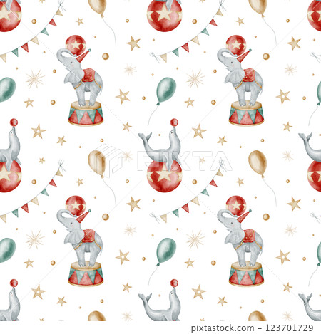 Watercolor seamless pattern with Circus elephant and seal with by stars, balloons and bunting. Childish background for nursery wallpaper or baby textile. Carnival backdrop with animals for kids design 123701729