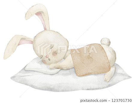 Charming watercolor illustration of cute Bunny sleeping on a pillow with a blanket. Drawing of cute Rabbit for bedtime nursery decor in beige pastel colors. Art of Hare for kids room prints and cards. 123701730