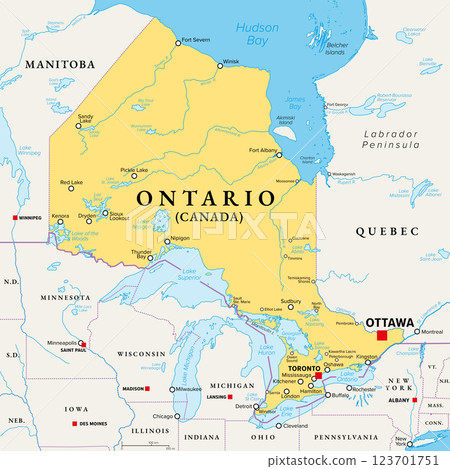 Ontario, southernmost province of Canada, political map. Located in Central Canada, the most populous province of the country with capital Toronto, and home of the national capital Ottawa. Vector 123701751