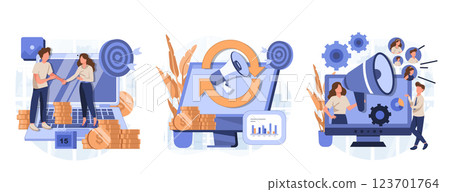 Internet promotion strategy abstract concept vector illustration set. Affiliate marketing, referral program, remarketing, online sales management, targeted advertising, loyalty abstract metaphor. 123701764