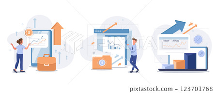 Financial illustration set. Characters investing money in stock market. People analyzing financial graphs, latest stock market news and other data. Stock trading concept. Vector illustration. Financial illustration set. Characters investing money in stock market. People analyzing financial graphs, latest stock market news and other data. Stock trading concept. Vector illustration. 123701768