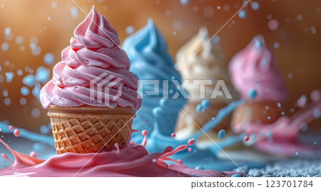 Mix of various colorful creamy ice cream cones in a splash of milk on pink background.AI Generative. 123701784